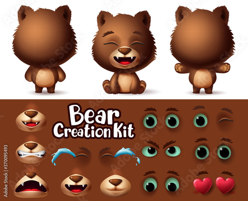 Bears animal characters creation vector set. Bear character kit editable create with different feelings and emotion for animals cartoon collection design. Vector illustration 
