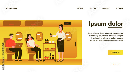 Passengers in air trip waiting for beverage flat vector illustration. Business class travelers sitting near airplane window. People travelling by plane. Airline, tourism and journey concept