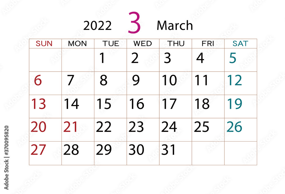 2022年 カレンダー 3月 2022年 カレンダー 3月