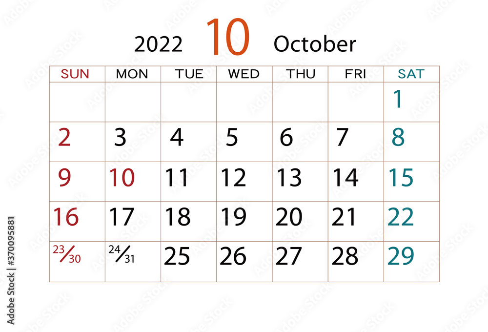 2022年 カレンダー 10月 2022年 カレンダー 10月