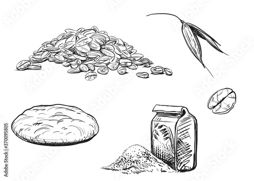 Detailed hand drawn ink black and white illustration set of oat, oatmeal biscuits, leaf, flour. sketch. Vector. Elements in graphic style label, card, sticker, menu, package