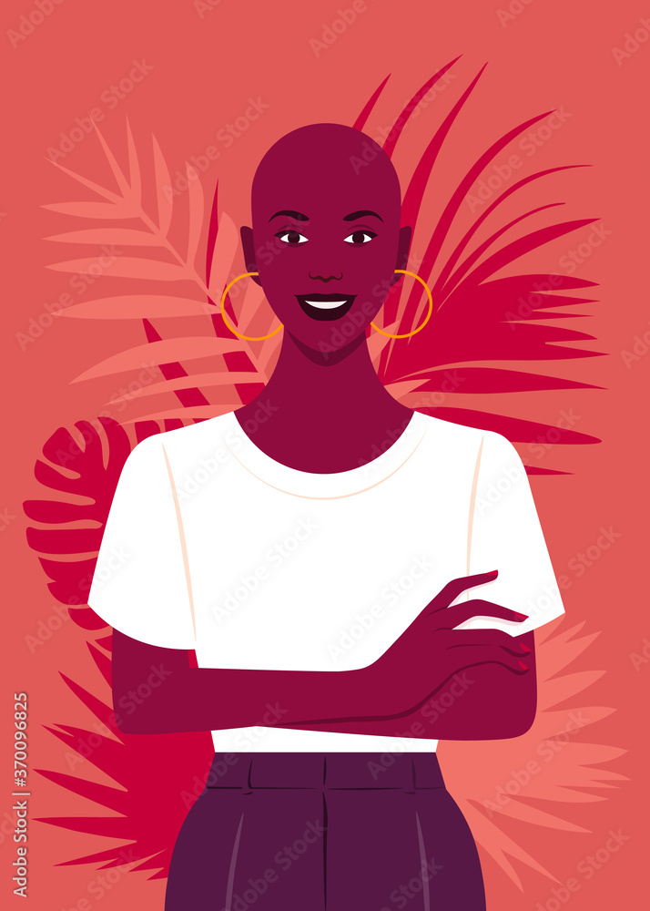 African girl standing with arms crossed. Portrait of a happy young bald woman. Vector flat illustration