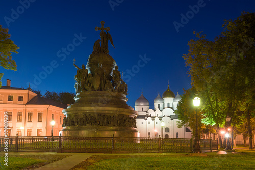 Monument "Millennium of Russia" and St. Sophia Cathedral on July night. Kremlin of Veliky Novgorod, Russia