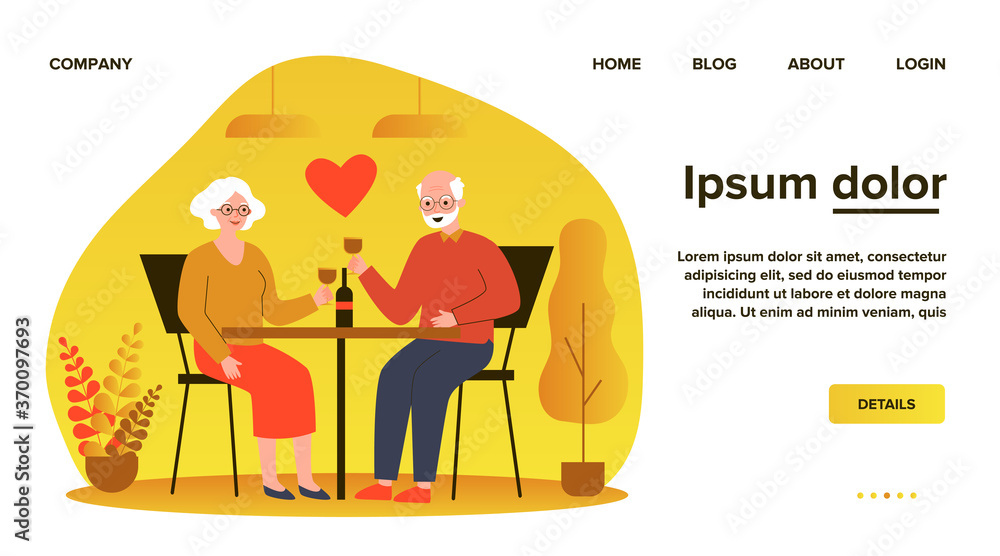 Happy senior couple date. Grey haired man and woman drinking wine, red heart flat vector illustration. Love, romance in any age, anniversary concept for banner, website design or landing web page