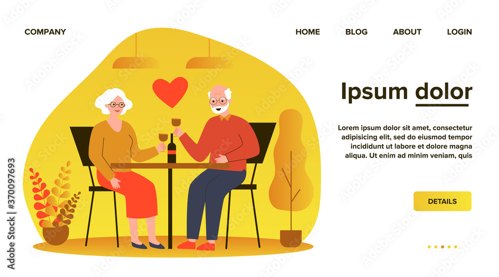 Happy senior couple date. Grey haired man and woman drinking wine, red heart flat vector illustration. Love, romance in any age, anniversary concept for banner, website design or landing web page Happy senior couple date. Grey haired man and woman drinking wine, red heart flat vector illustration. Love, romance in any age, anniversary concept for banner, website design or landing web page