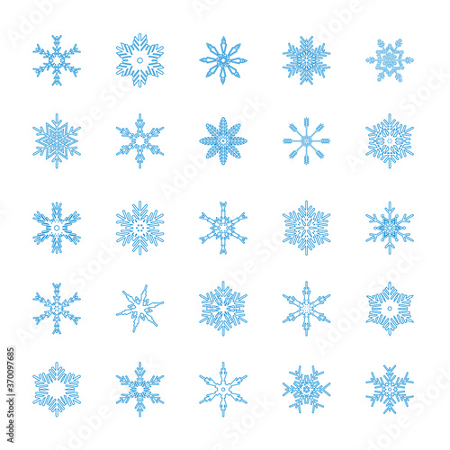 Blue snowflakes set isolated on white background. Snow elements for Happy New Year and Merry Christmas holidays greeting card decoration. Beautiful and simple design vector illustration.