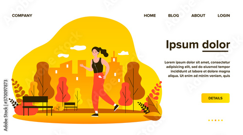 Jogger wearing headphones running down pathway outdoors. Woman training in city park in morning. Vector illustration for health, lifestyle, sport, activity concept