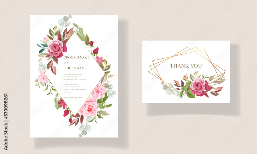 Wedding invitation card template set with beautiful floral decorations