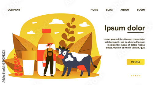 Happy young farmer standing near cow flat vector illustration. Man holding bucket with milk. Fresh milk with calcium and casein. Huge bottle and glass. Lactose diet and health concept.