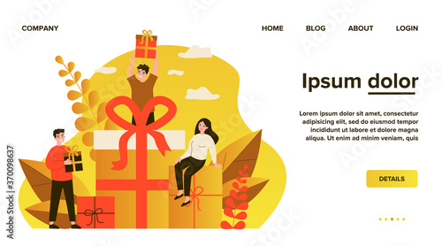 Loyal customers getting gifts and bonuses from store. Happy young people receiving gift boxes. Vector illustration for reward, loyalty program, promotion, marketing concept