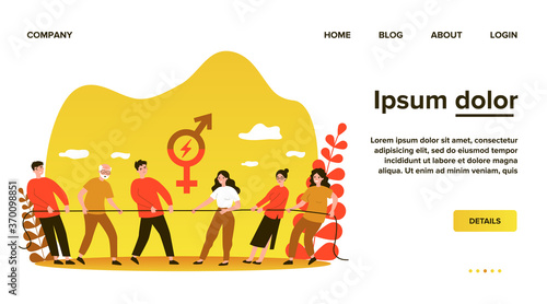 Male and female teams pulling rope. Tug-of-war, competition, different ages and generation flat vector illustration. Gender equality, contest concept for banner, website design or landing web page
