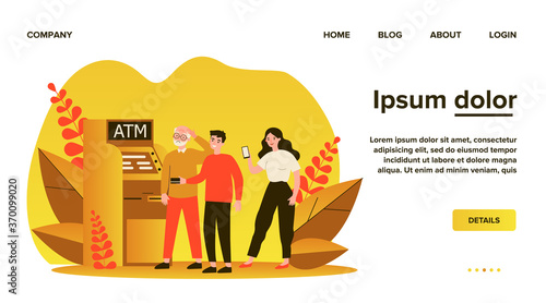 People helping senior man at ATM. Puzzled grandpa, credit card, mobile app using flat vector illustration. Old people support, banking concept for banner, website design or landing web page