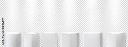 White geometric podiums with spotlights. Stage exhibition pedestal for ceremonies, awards.