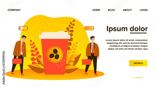 Office worker charging his battery with coffee energy. Business man walking near takeaway coffee cup. Flat vector illustration for caffeine addict, stress, coffee shop concept