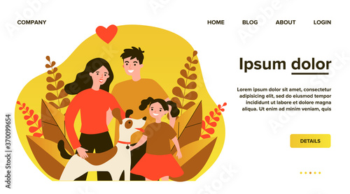 Parents presenting pet to their child flat vector abstract illustration. Happy family adopting dog. Little girl greeting new friend. Charity and animal adoption concept.