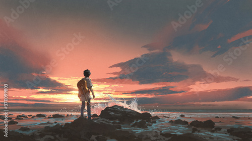a boy standing with guitar against the sunset background, digital art style, illustration painting