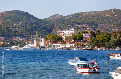 Fotografie Many boats in the marina with coastline of resort town of Foca - Izmir, Turkey