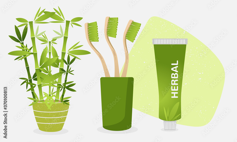 Set of green wooden natural bamboo toothbrushes with toothpaste. Showing a bamboo plant. Dental health concept illustration. Flat vector. Set of green wooden natural bamboo toothbrushes with toothpaste. Showing a bamboo plant. Dental health concept illustration. Flat vector.