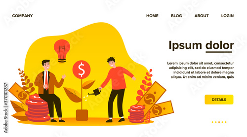 Investors getting money profit. Businesspeople investing capital, growing cash plant, getting dividends. Can be used for finance, revenue, investment, business, financial management concept