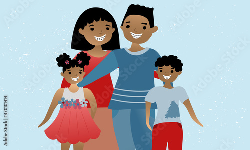 Happy African American family standing together and wearing braces. Mother, father, daughter, and son. Dental health concept illustration. Flat vector.