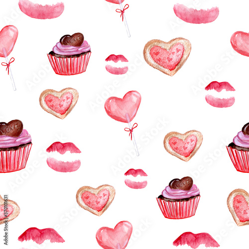 Happy sweet Valentines Day seamless pattern. Hand drawn watercolor Valentine s day sweets. Cupcake  heart shaped lolipop  cookie and kiss prints. Isolated on white background. Cute Romantic design.