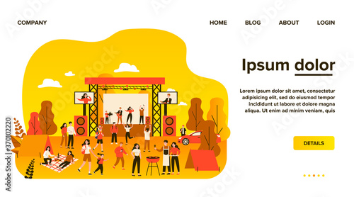 Outdoor rock concert and food festival. Crowd of people listening to music in park, enjoying camping, picnic and barbecue. Vector illustration for open air party, leisure, event concept