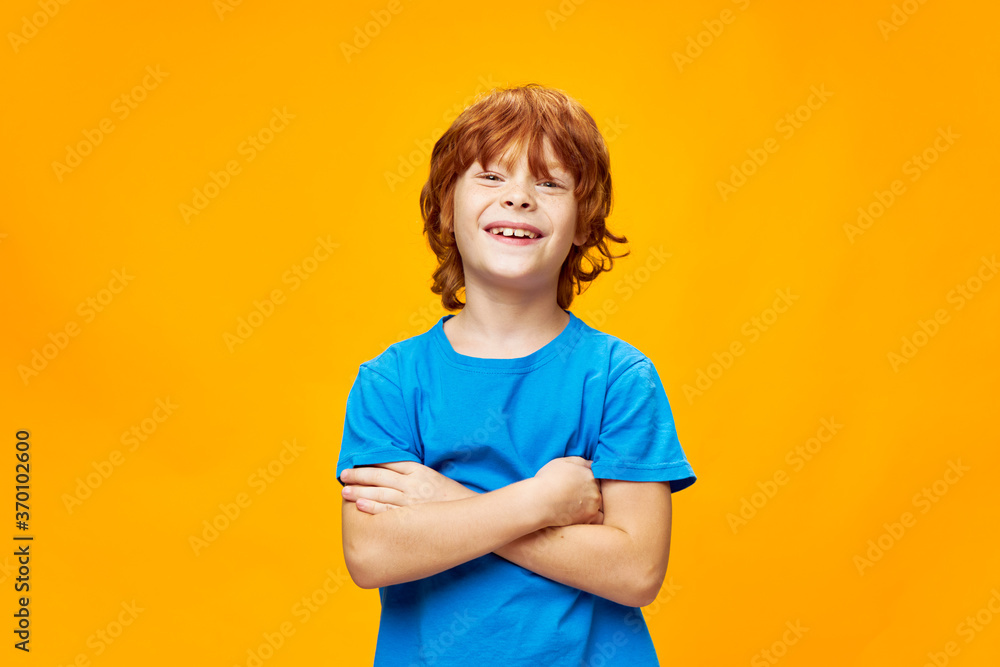 The red-haired happy child in a blue T-shirt The red-haired happy child in a blue T-shirt