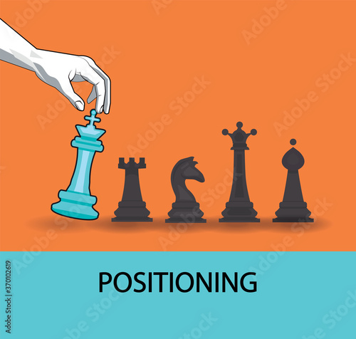 Segmented offer, positioning, brand promotion, and self-representation. Vector illustration with chess pieces and a player. A specific offer for a specific target audience. Psychology, management.
