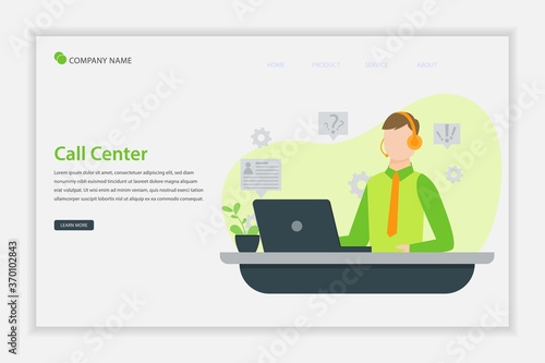 Illustration vector Call center concept landing page with Call center operators working in line with their headsets in office. Header, banner for your website