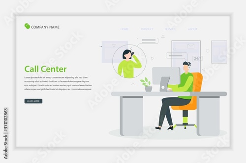 Call center concept chatting with customers and help clients. Flat Vector illustration on online customer service theme. Online global tech support 24/7. 