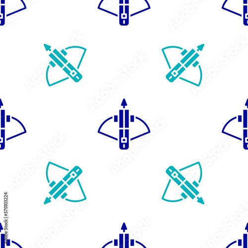 Blue Battle crossbow with arrow icon isolated seamless pattern on white background. Vector.
