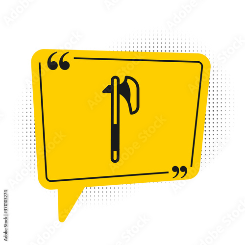 Black Medieval axe icon isolated on white background. Battle axe, executioner axe. Medieval weapon. Yellow speech bubble symbol. Vector.