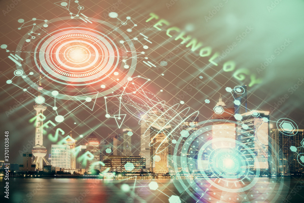 Data theme hologram drawing on city view with skyscrapers background double exposure. Ai concept. Data theme hologram drawing on city view with skyscrapers background double exposure. Ai concept.