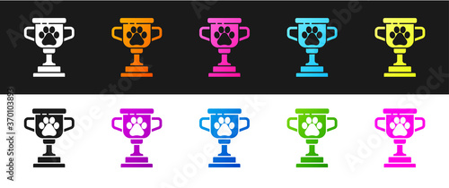 Set Pet award symbol icon isolated on black and white background. Medal with dog footprint as pets exhibition winner concept. Vector.