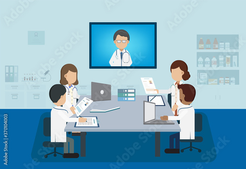 Doctor conference concept with group of doctors discuss flat design vector illustration