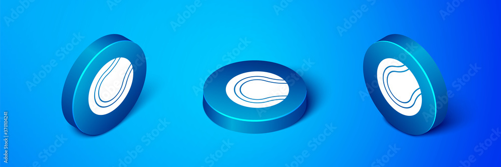 Isometric Tennis ball icon isolated on blue background. Sport equipment. Blue circle button. Vector. Isometric Tennis ball icon isolated on blue background. Sport equipment. Blue circle button. Vector.