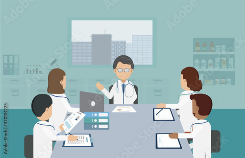 Doctor conference concept with group of doctors discuss flat design vector illustration