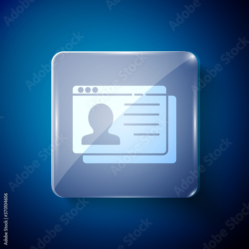 White Resume icon isolated on blue background. CV application. Searching professional staff. Analyzing personnel resume. Square glass panels. Vector.
