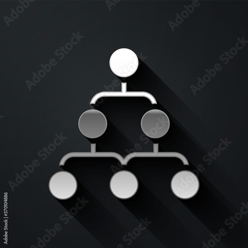 Silver Business hierarchy organogram chart infographics icon isolated on black background. Corporate organizational structure graphic elements. Long shadow style. Vector.