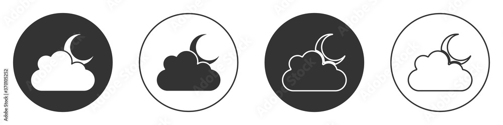 Black Cloud with moon icon isolated on white background. Cloudy night sign. Sleep dreams symbol. Night or bed time sign. Circle button. Vector. Black Cloud with moon icon isolated on white background. Cloudy night sign. Sleep dreams symbol. Night or bed time sign. Circle button. Vector.