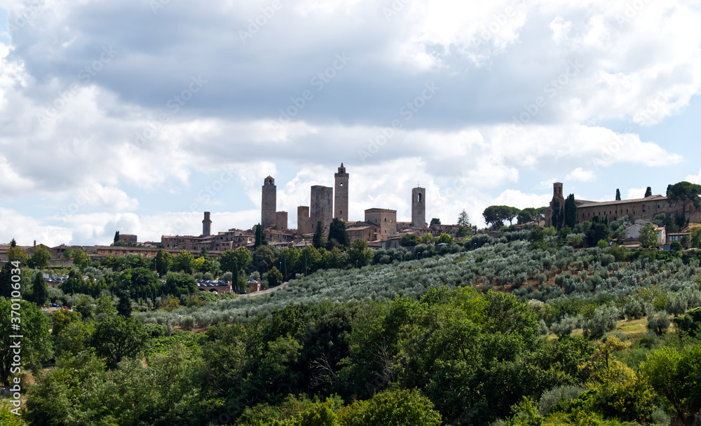 Panoramic view of San Gimignano close to Siena. Tuscany, Italy. San Gimignano is famous for its several towers
