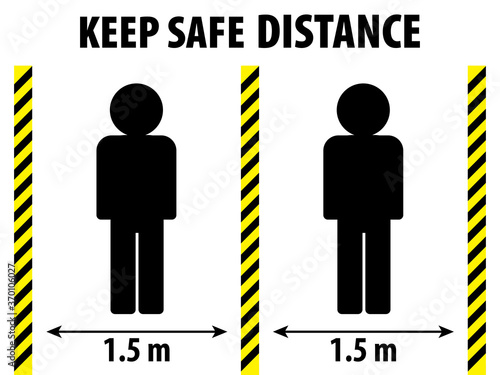 Safe distancing concept. Keep the 1,5 meter distance. Avoid crowds. Coronovirus epidemic protective. Silhouette of  Persons and Black and yellow warning tapes. Fight COVID-19. EPS 10
