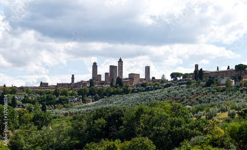 Panoramic view of San Gimignano close to Siena. Tuscany, Italy. San Gimignano is famous for its several towers 