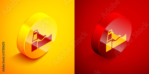 Isometric Water slide with pool icon isolated on orange and red background. Aquapark. Circle button. Vector.