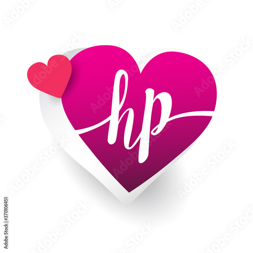 initial logo letter HP with heart shape red colored, logo design for wedding invitation, wedding name and business name.