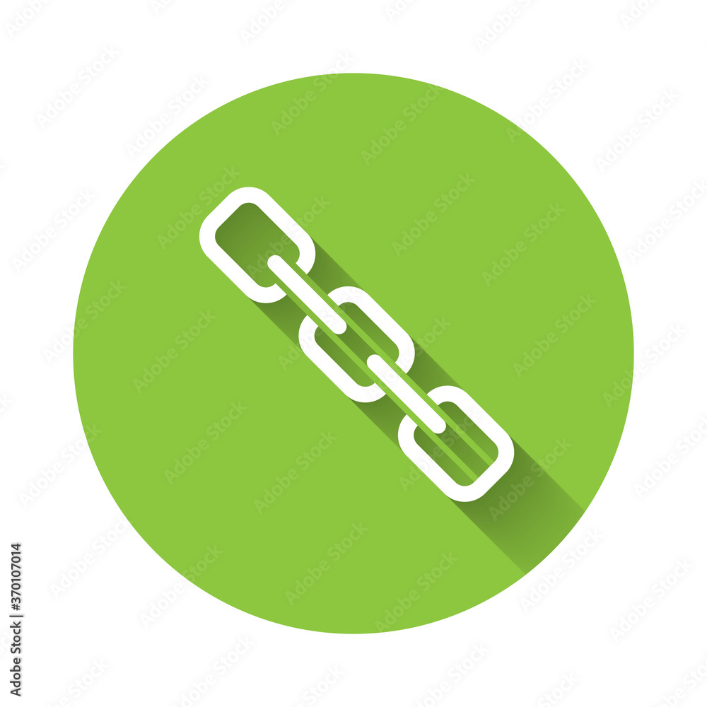 White Chain link icon isolated with long shadow. Link single. Hyperlink chain symbol. Green circle button. Vector. White Chain link icon isolated with long shadow. Link single. Hyperlink chain symbol. Green circle button. Vector.