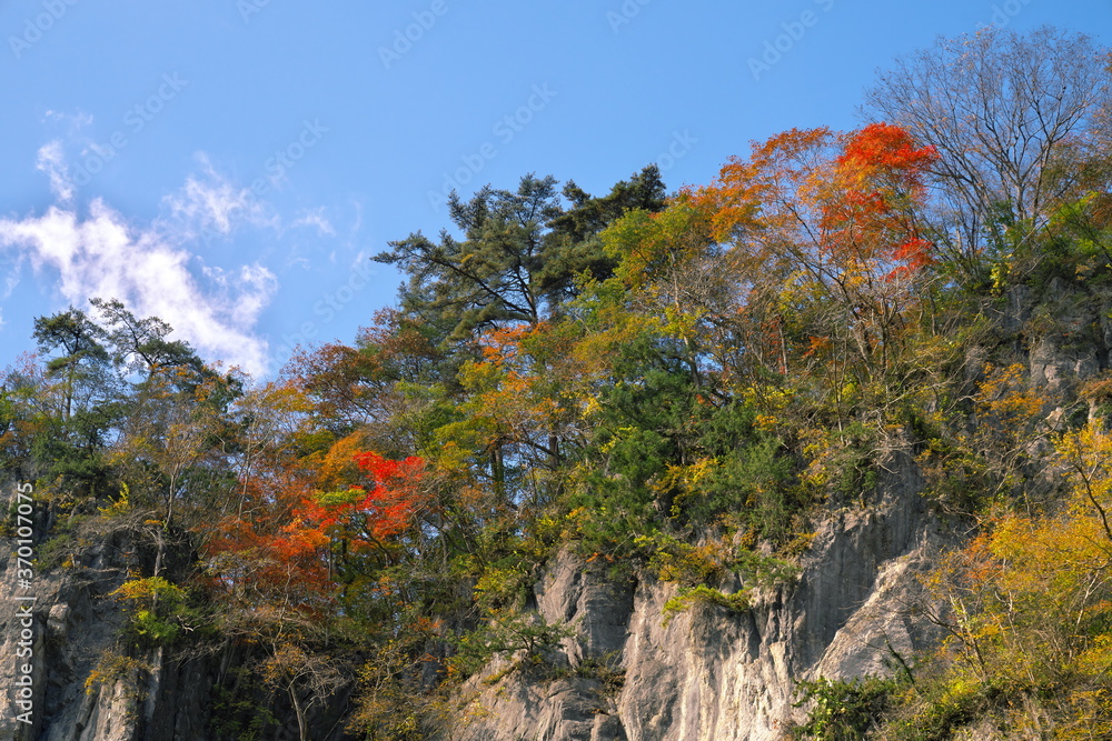 秋の猊鼻渓から見る青空