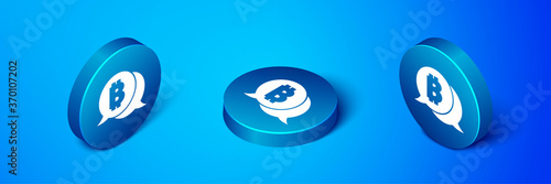Isometric Cryptocurrency coin Bitcoin icon isolated on blue background. Physical bit coin. Blockchain based secure crypto currency. Blue circle button. Vector.