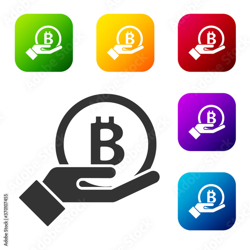 Black Hand holding Bitcoin icon isolated on white background. Blockchain technology, digital money market, cryptocoin wallet. Set icons in color square buttons. Vector.