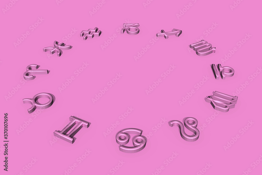Astrological symbols of the zodiac signs from pink glittering material on a pink background. Dial of the zodiac signs arranged in a circle. Illustration. 3D rendering. Astrological symbols of the zodiac signs from pink glittering material on a pink background. Dial of the zodiac signs arranged in a circle. Illustration. 3D rendering.